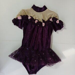 Girls PURPLE Beige Velour Sequin Flower Competition Figure ICE SKATING Dress 10